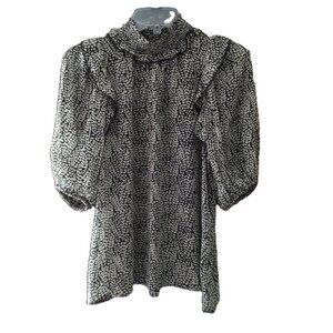 Joie Black White Print Silk Blouse Medium Puff Sleeve Boho Peasant Top Flowy
